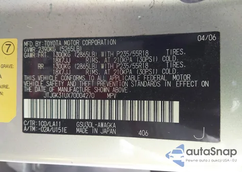 2007 Lexus Rx 350 z USA, uszkodzony, nr VIN JTJGK31UX70004270